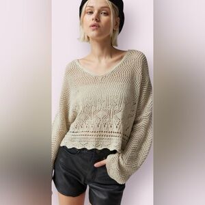 Urban Outfitters Open Knit Loose Fit Crochet V-Neck Sweater Grannycore Tan M